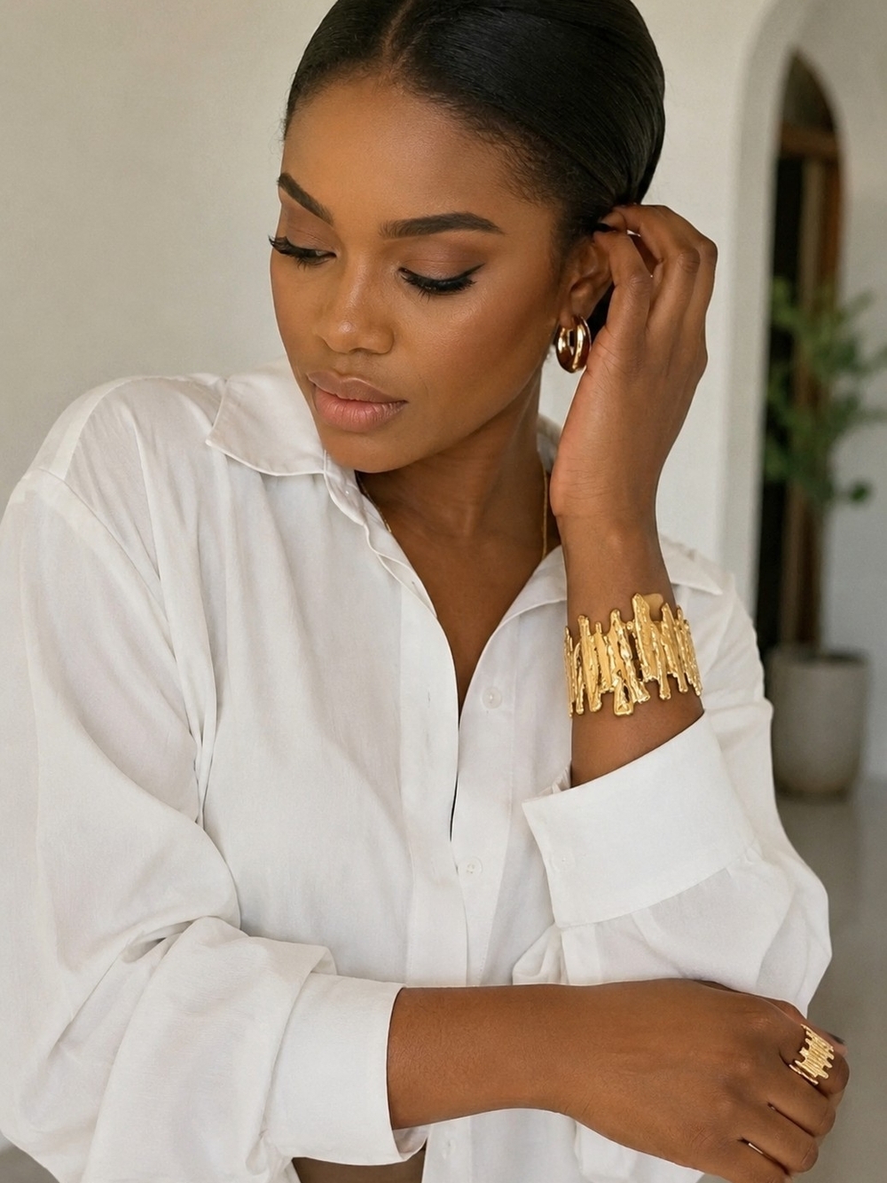 Gold Textured Statement Cuff Bracelet and Ring - Women Jewelry